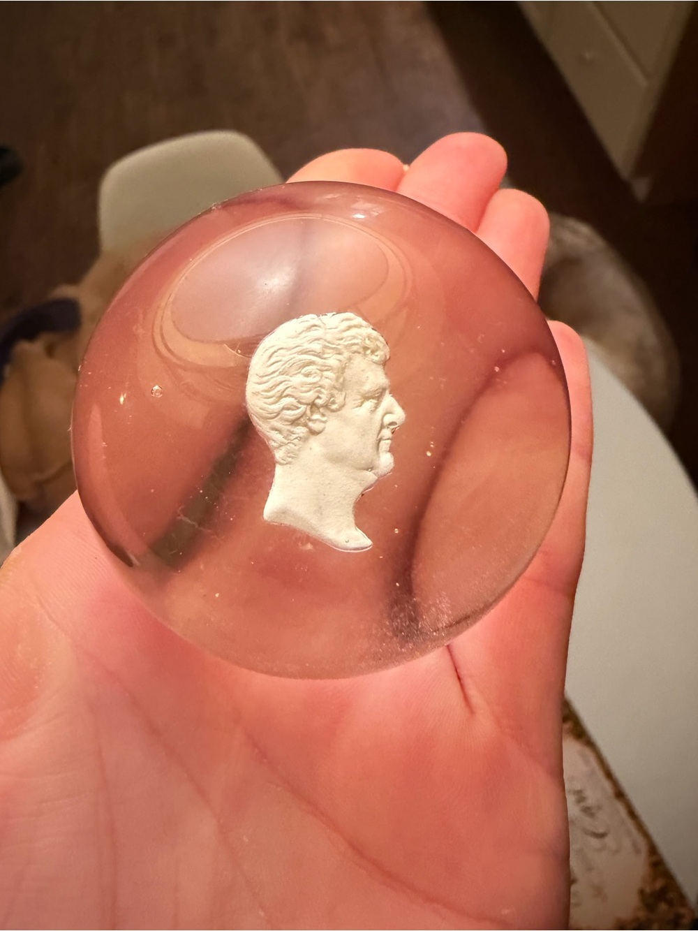 Antique Crystal Glass Paperweight with White Cameo Profile